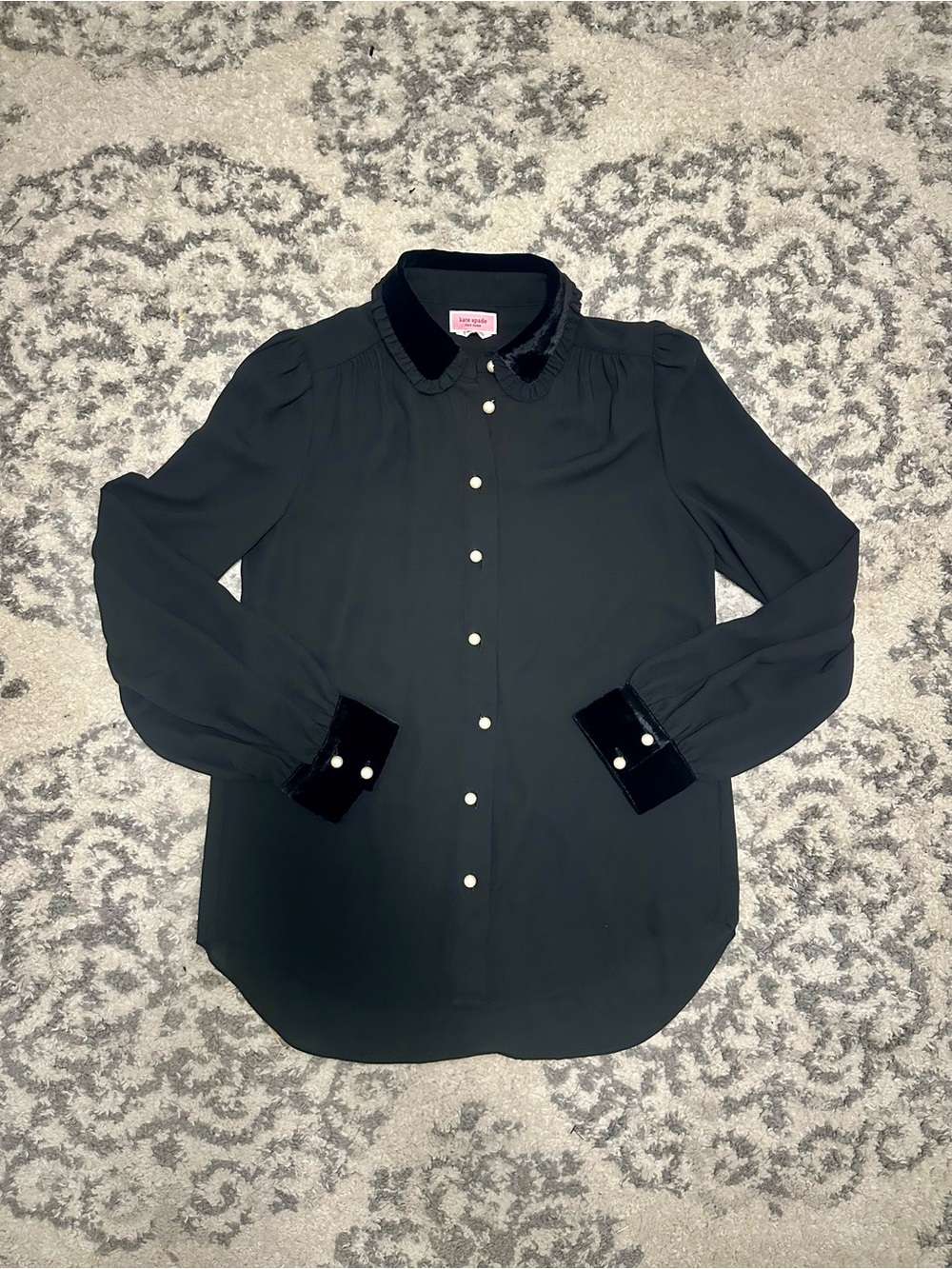 kate spade Black Velvet-Collar Pearl-Button Blouse